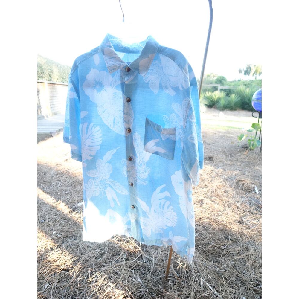 Tommy Bahama Short Sleeve Hawaiian Rayon Shirt Blue Hibiscus Floral Mens M Med